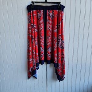 Travel Elements Handkerchief Hem Floral Pull On Midi Skirt Red Blue Stretch Sz L